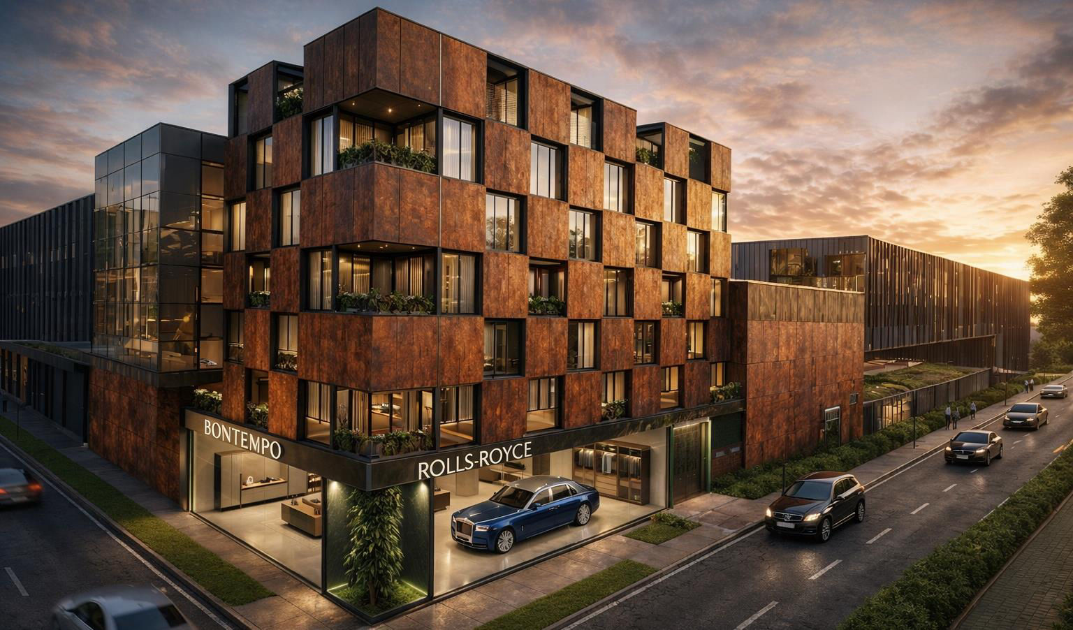 Fragmentado, edificio con envolvente de panel metálico oxidado